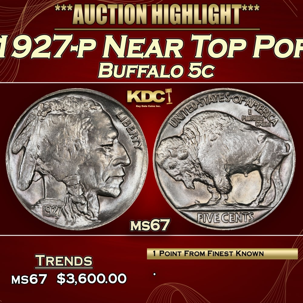 1927-p Buffalo Nickel Near Top Pop 5c ms67 SEGS: 1927-p Near Top Pop Buffalo Nickel 5c ms67 SEGS. 0