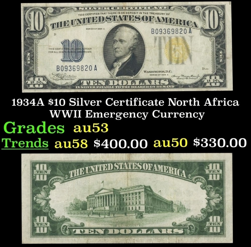 1934A $10 Silver Certificate North Africa WWII Emergency Currency Grades Select AU: 1934A $10 Silver Certificate North Africa WWII Emergency Currency Grades Select AU.