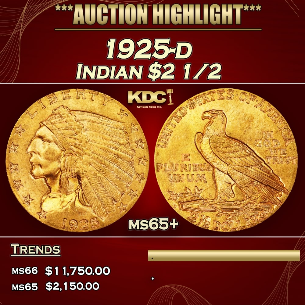 1925-d Gold Indian Quarter Eagle $2 1/2 ms65+ SEGS: 1925-d Gold Indian Quarter Eagle $2 1/2 ms65+ SEGS. A Key Date's Pick, Bid to Win, Don't let it get Away Coin