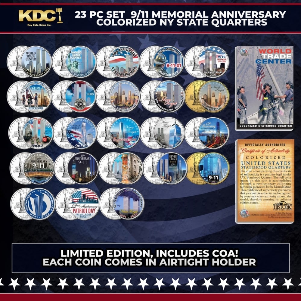 23 Pc Set 9/11 Memorial Anniversary Colorized NY State Quarters Other Toy: 23 Pc Set 9/11 Memorial Anniversary Colorized NY State Quarters. This 23 Coin Set of beautifully Colorized NY state quarters commemorates the 23 anniversaries of the 9/11 tragedy at the World Trade Ce