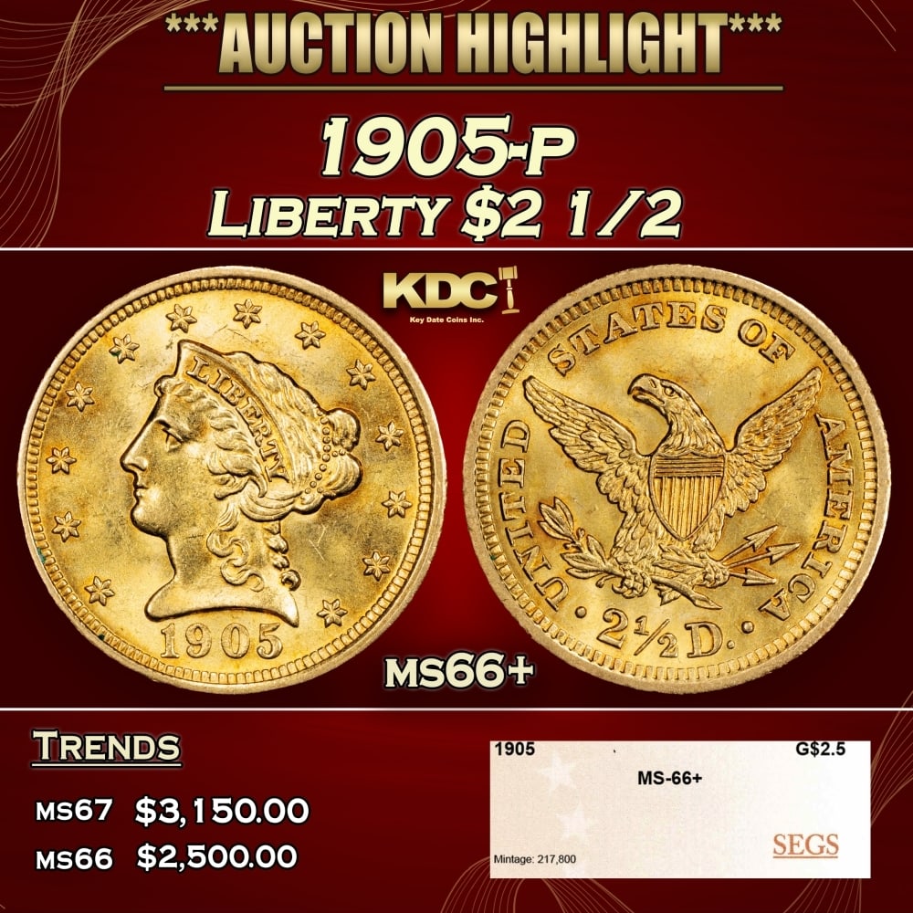 1905-p Gold Liberty Quarter Eagle $2 1/2 ms66+ SEGS: 1905-p Gold Liberty Quarter Eagle $2 1/2 ms66+ SEGS. 0