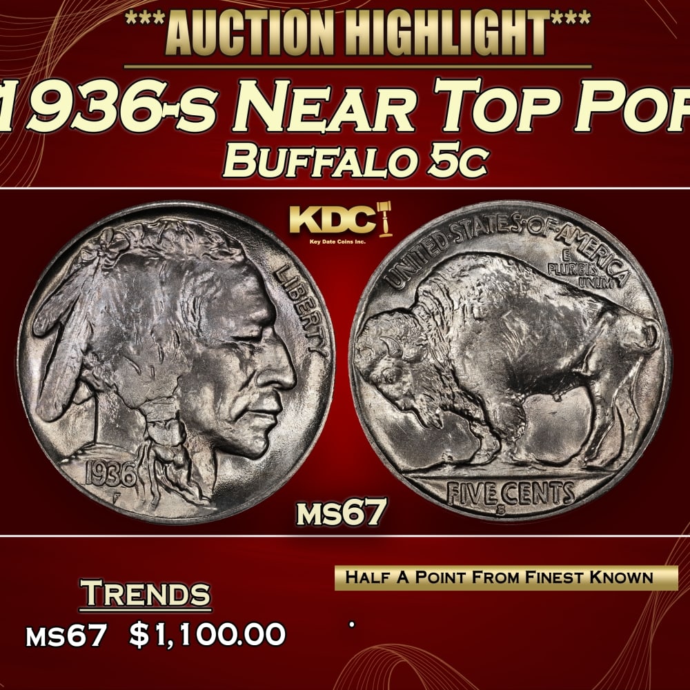 1936-s Buffalo Nickel Near Top Pop 5c ms67 SEGS: 1936-s Near Top Pop Buffalo Nickel 5c ms67 SEGS. 0