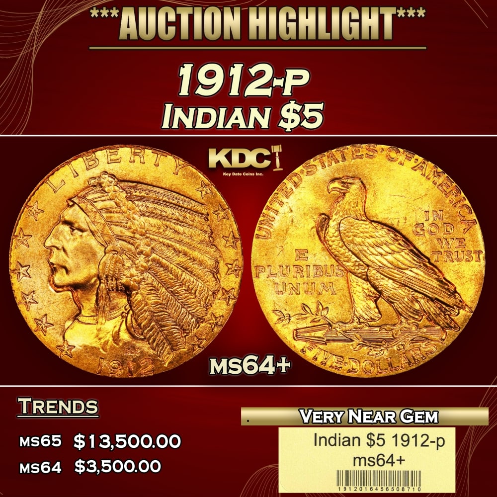 1912-p Gold Indian Half Eagle $5 ms64+ USCG: 1912-p Gold Indian Half Eagle $5 ms64+ USCG.