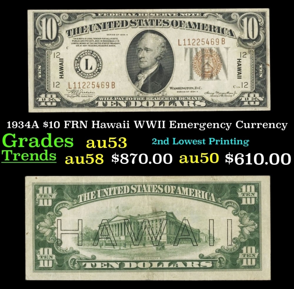 1934A $10 FRN Hawaii WWII Emergency Currency Grades Select AU: 1934A $10 FRN Hawaii WWII Emergency Currency Grades Select AU.