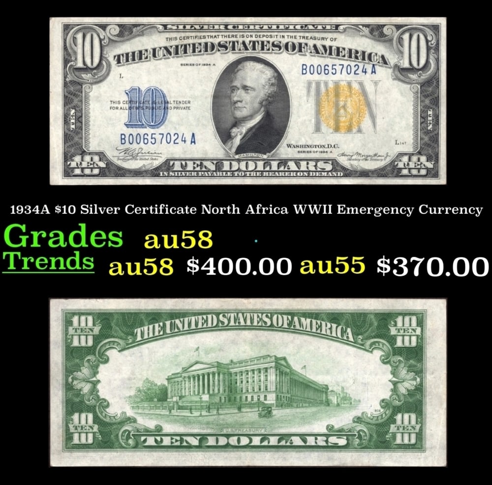 1934A $10 Silver Certificate North Africa WWII Emergency Currency Grades Choice AU/BU Slider: 1934A $10 Silver Certificate North Africa WWII Emergency Currency Grades Choice AU/BU Slider.