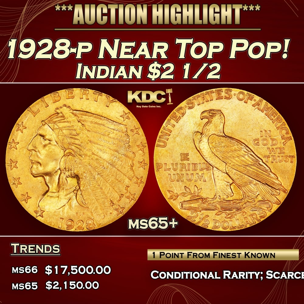 1928-p Gold Indian Quarter Eagle Near Top Pop! $2 1/2 ms65+ SEGS: 1928-p Near Top Pop! Gold Indian Quarter Eagle $2 1/2 ms65+ SEGS. Per David Akers of PCGS" The 1928 is slightly more rare overall than the 1926 and 1927 and although MS-63 or lesser quality specimens