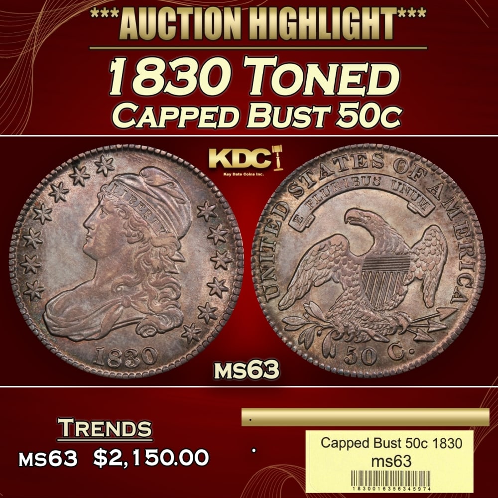 1830 Capped Bust Half Dollar Toned 50c ms63 USCG (1 of 4)