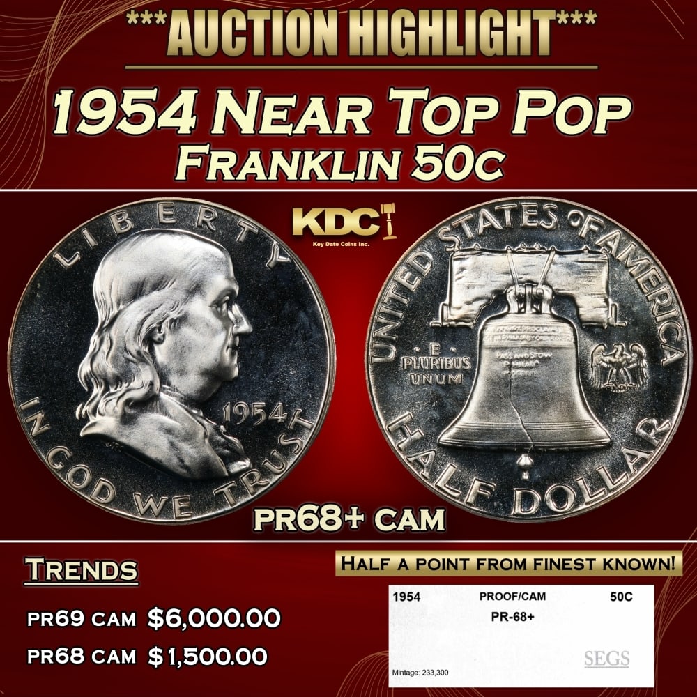1954 Proof Franklin Half Dollar Near Top Pop 50c pr68+ cam SEGS (1 of 4)