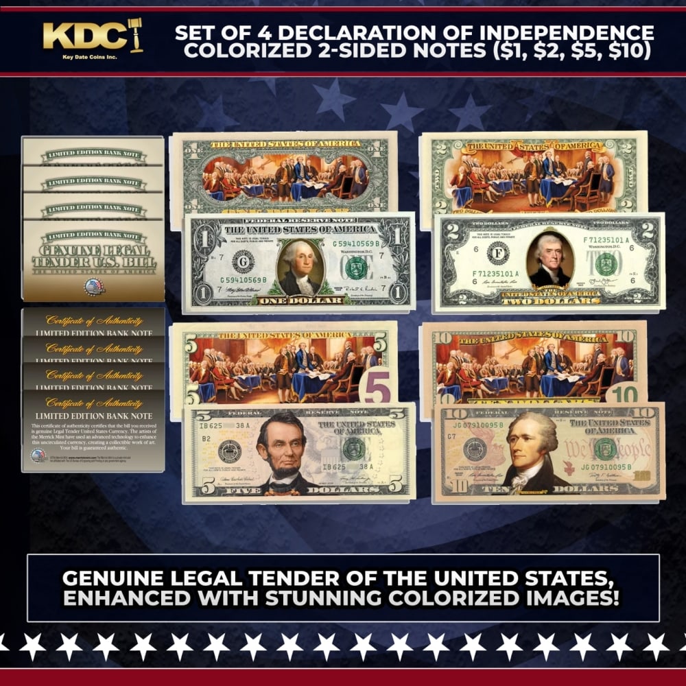 Set of 4 Declaration of Independence Colorized 2-Sided Notes ($1, $2, $5, $10) Other Toy: Set of 4 Declaration of Independence Colorized 2-Sided Notes ($1, $2, $5, $10). These uncirculated Declaration of Independence bills are genuine legal tender of the United States enhanced with stunnin
