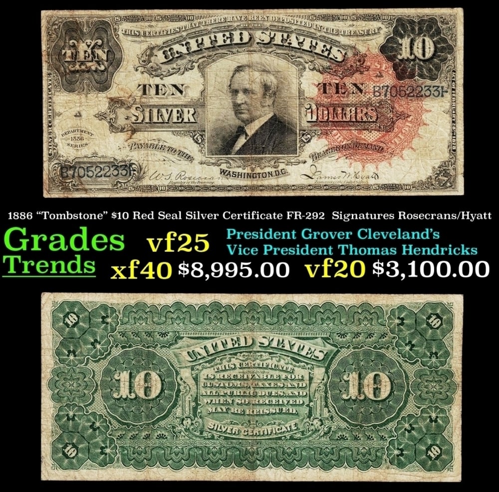 1886 Rosecrans/Hyatt $10 Red Seal Silver Certificate Grades vf+: 1886 Rosecrans/Hyatt $10 Red Seal Silver Certificate Grades vf+.