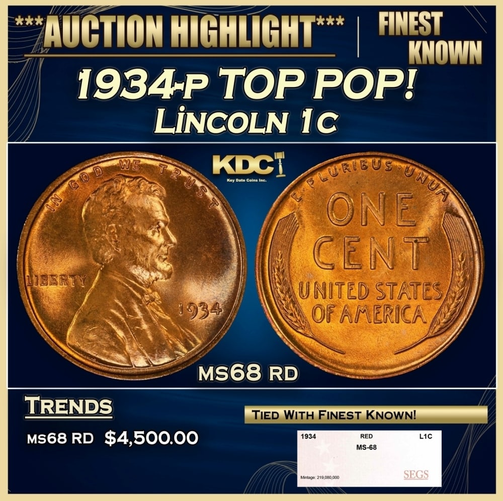 1934-p Lincoln Cent TOP POP! 1c ms68 rd SEGS: 1934-p TOP POP! Lincoln Cent 1c ms68 rd SEGS. 0