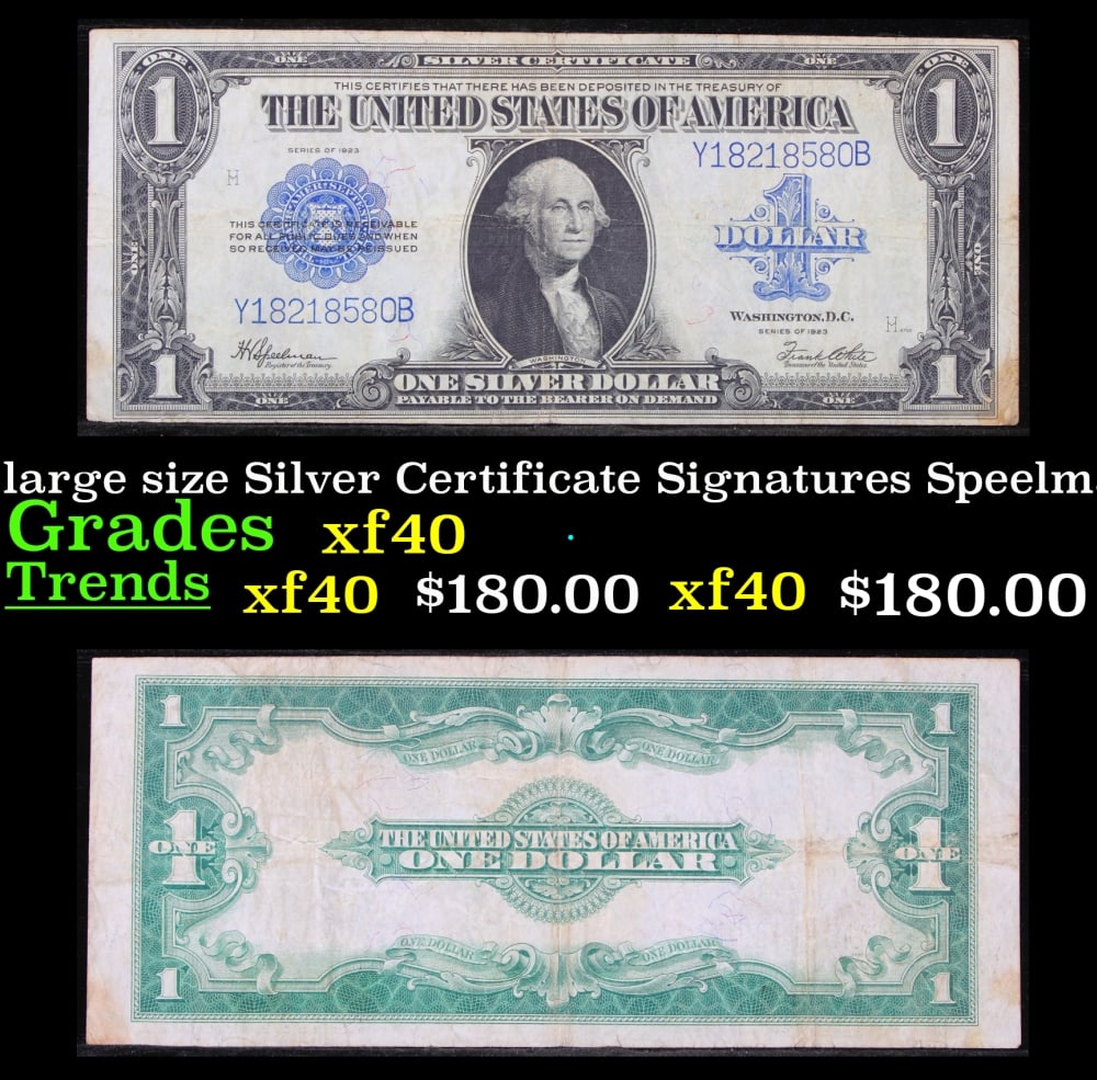 1923 $1 large size Silver Certificate Grades xf Signatures Speelman/White: 1923 $1 large size Silver Certificate Grades xf Signatures Speelman/White. Fr-237 The term “horse blanket” gets used a lot when talking about large size currency. It is most frequently used to