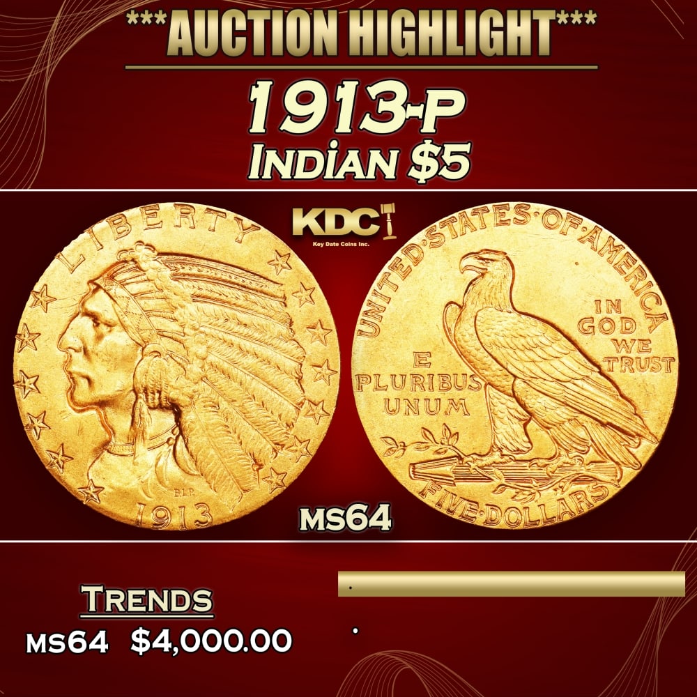1913-p Gold Indian Half Eagle $5 ms64 USCG: 1913-p Gold Indian Half Eagle $5 ms64 USCG.