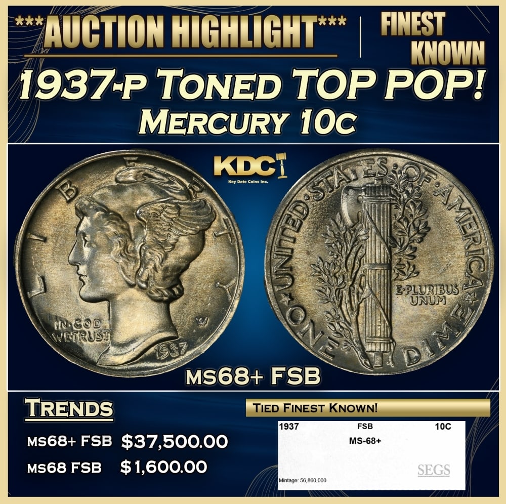 1937-p Mercury Dime Toned TOP POP! 10c ms68+ FSB SEGS (1 of 4)