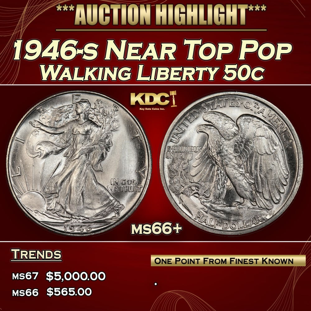 1946-s Walking Liberty Half Dollar Near Top Pop 50c ms66+ SEGS: 1946-s Near Top Pop Walking Liberty Half Dollar 50c ms66+ SEGS. 0