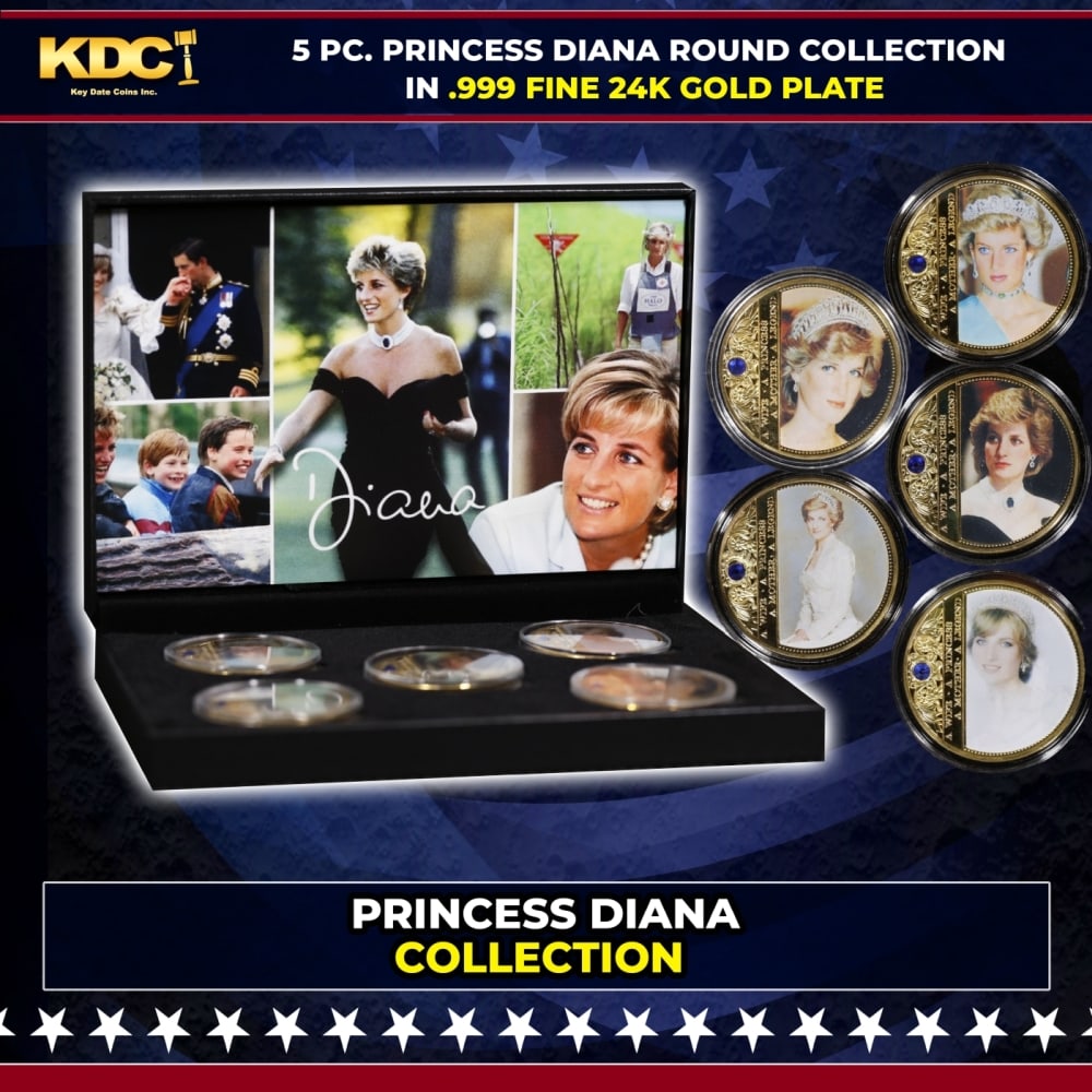 5 Coin Princess Diana V Gold Plated Round Collection: 5 Coin Princess Diana V Gold Plated Round Collection. 5 Pc. Princess Diana V Gold Plated Round Collection. This set contains 5 rounds made up of .999 Fine Gold Plate from The Princess Diana V Collecti