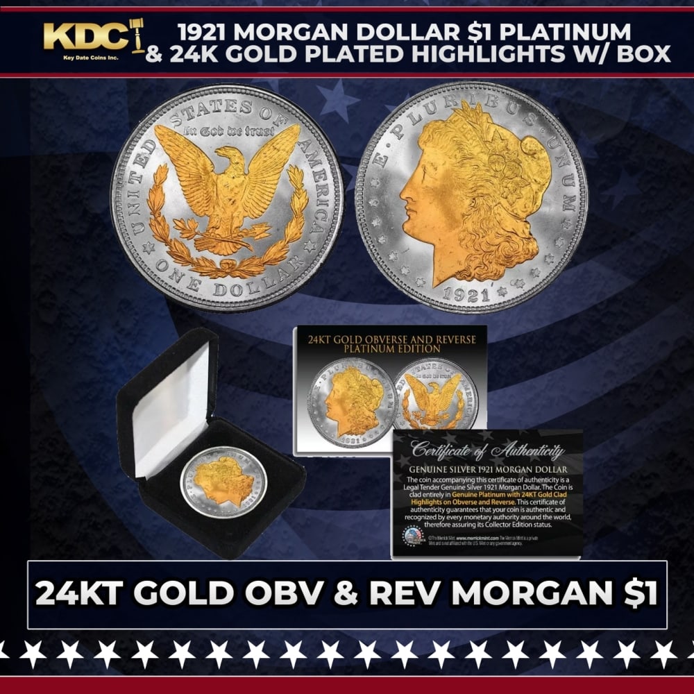 1921 Morgan Dollar $1 Platinum & 24K Gold Plated Highlights w/ Box Other Toy: 1921 Morgan Dollar $1 Platinum & 24K Gold Plated Highlights w/ Box. The Morgan Dollar is a standout coin in its own right. However, when this 90% pure silver dollar is enhanced with rare .999 platinum