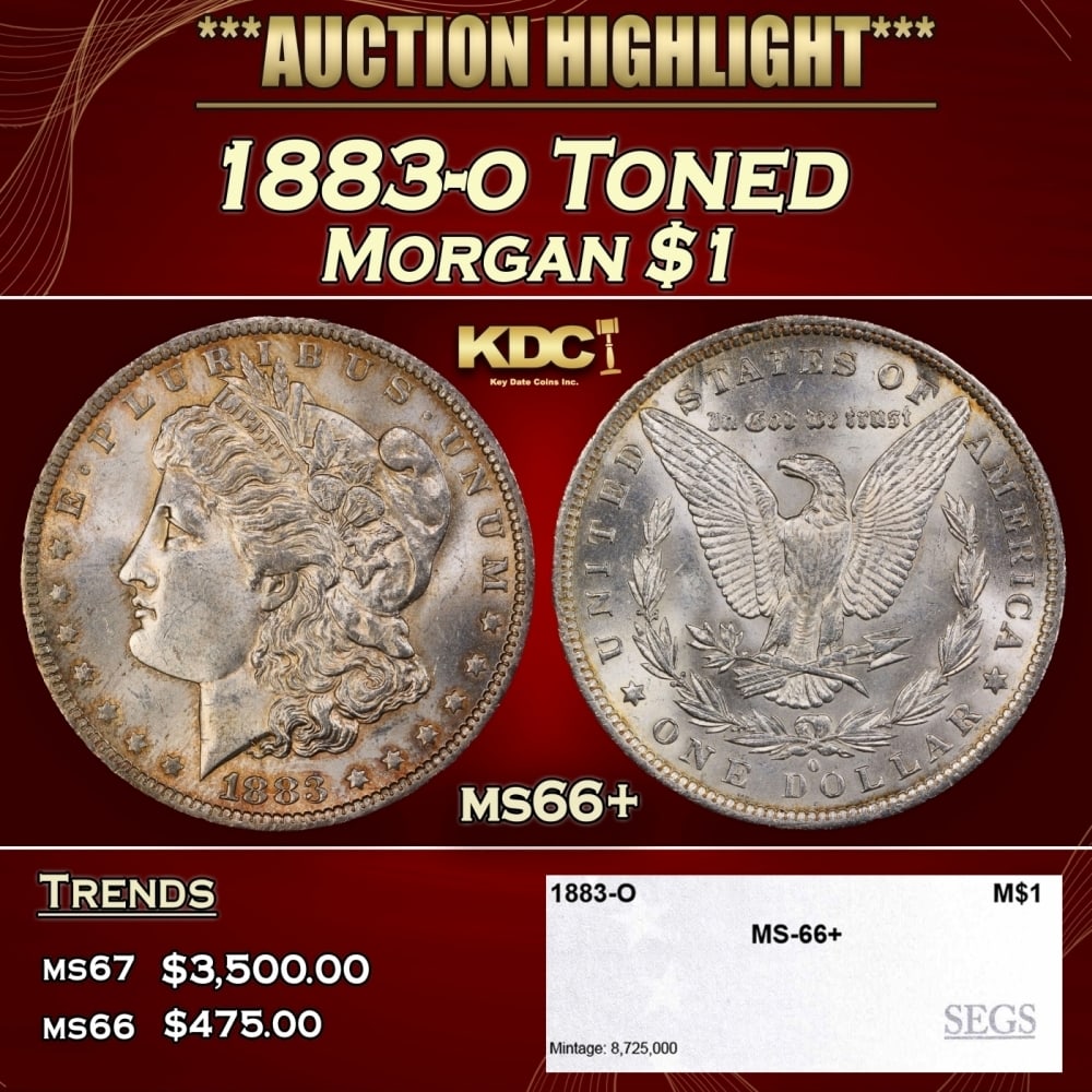 1883-o Morgan Dollar Toned $1 ms66+ SEGS: 1883-o Toned Morgan Dollar $1 ms66+ SEGS. 0