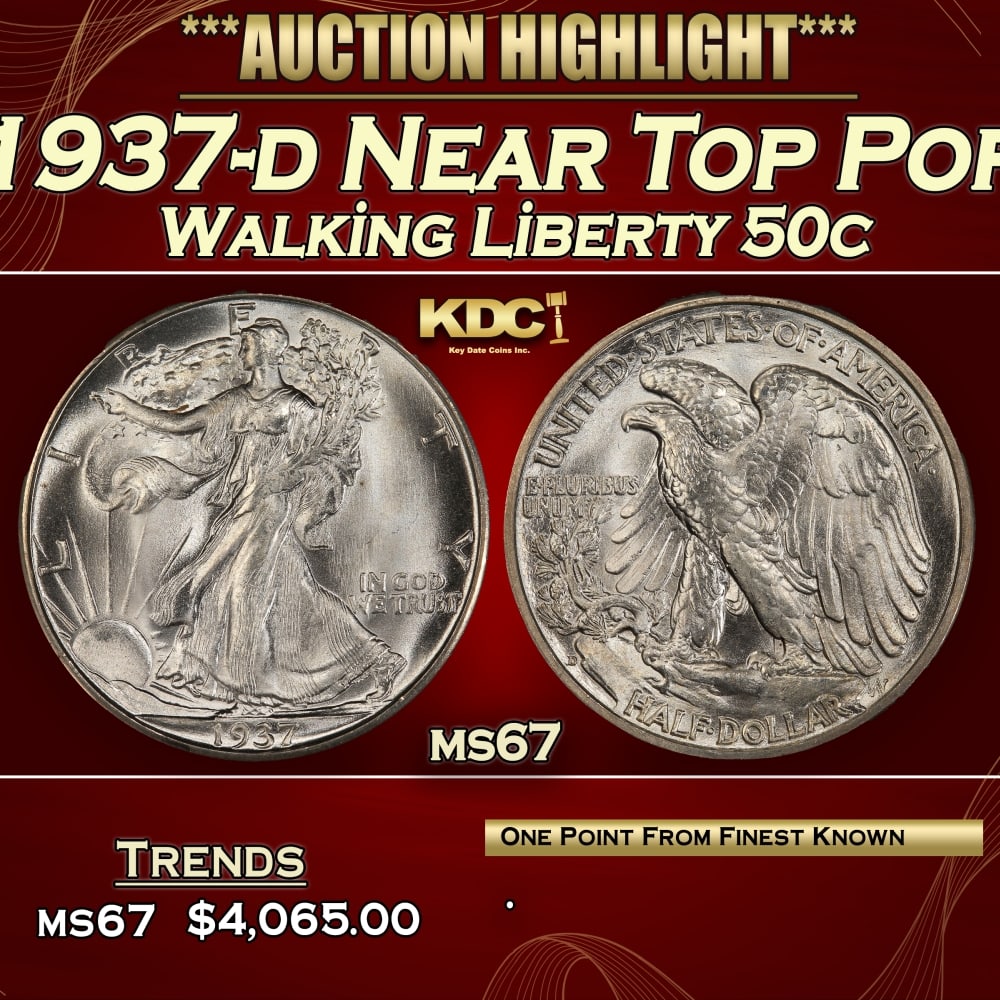 1937-d Walking Liberty Half Dollar Near Top Pop 50c ms67 SEGS: 1937-d Near Top Pop Walking Liberty Half Dollar 50c ms67 SEGS. 0