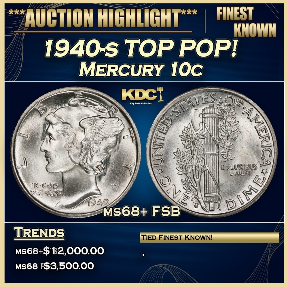 1940-s Mercury Dime TOP POP! 10c ms68+ FSB SEGS: 1940-s TOP POP! Mercury Dime 10c ms68+ FSB SEGS. 0