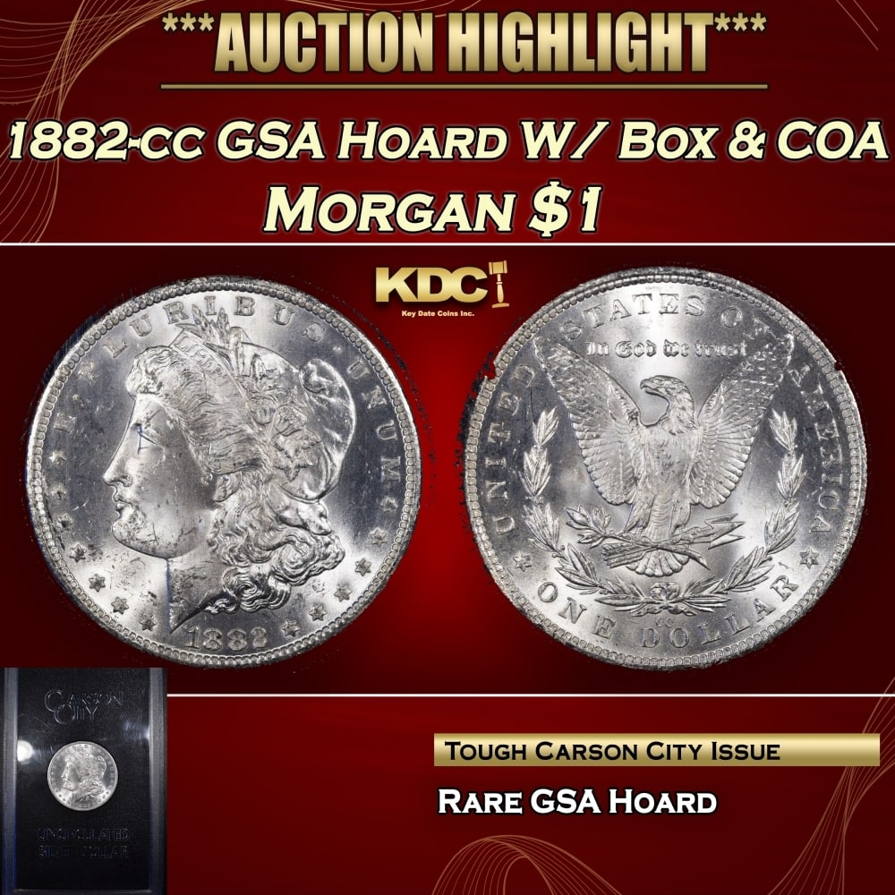1882-cc Morgan Dollar GSA Hoard W/ Box & COA $1 Grades n/a: 1882-cc GSA Hoard W/ Box & COA Morgan Dollar $1 Grades n/a. 0