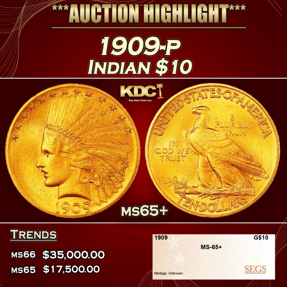 1909-p Gold Indian Eagle $10 ms65+ SEGS: 1909-p Gold Indian Eagle $10 ms65+ SEGS. 0