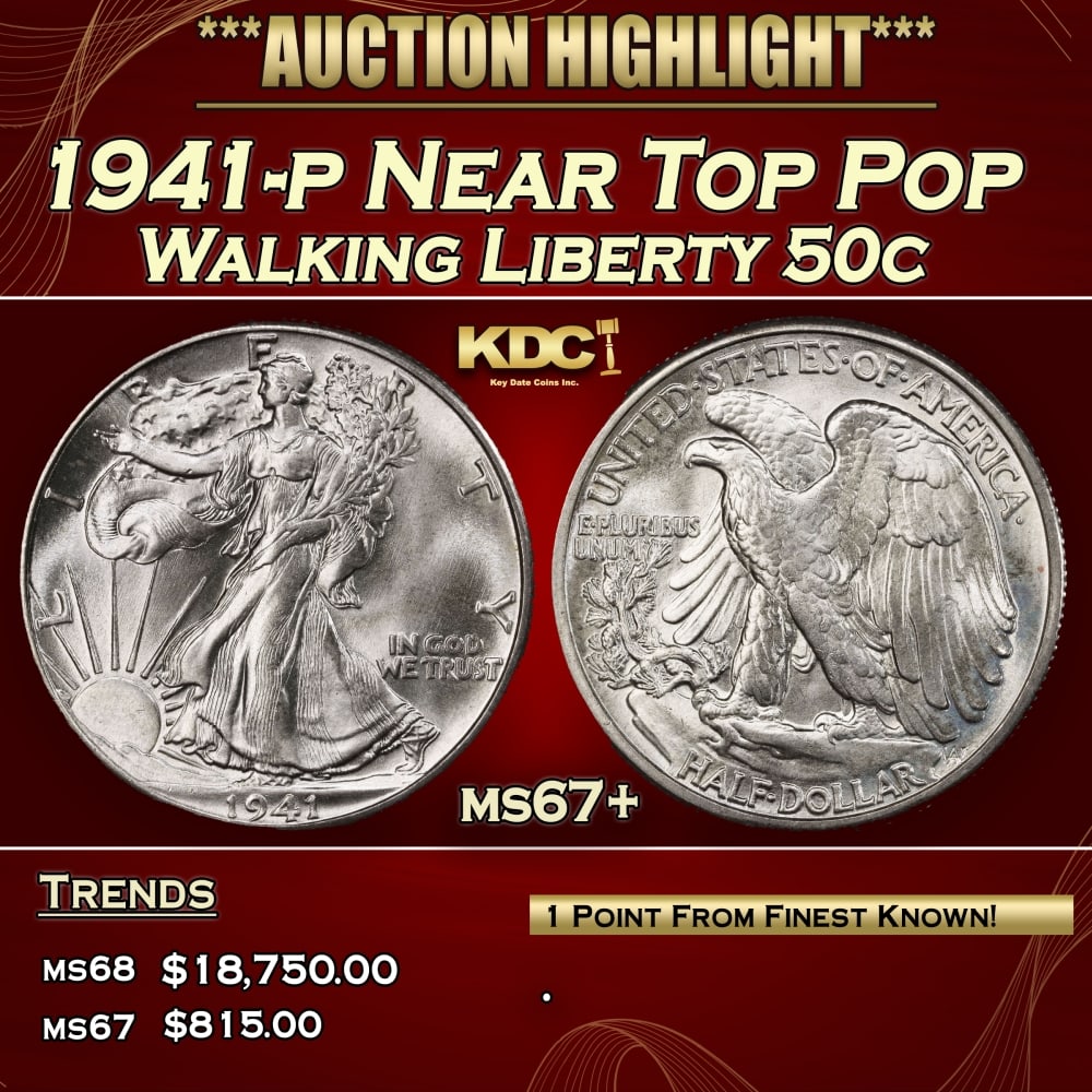1941-p Walking Liberty Half Dollar Near Top Pop 50c ms67+ SEGS: 1941-p Near Top Pop Walking Liberty Half Dollar 50c ms67+ SEGS. 0