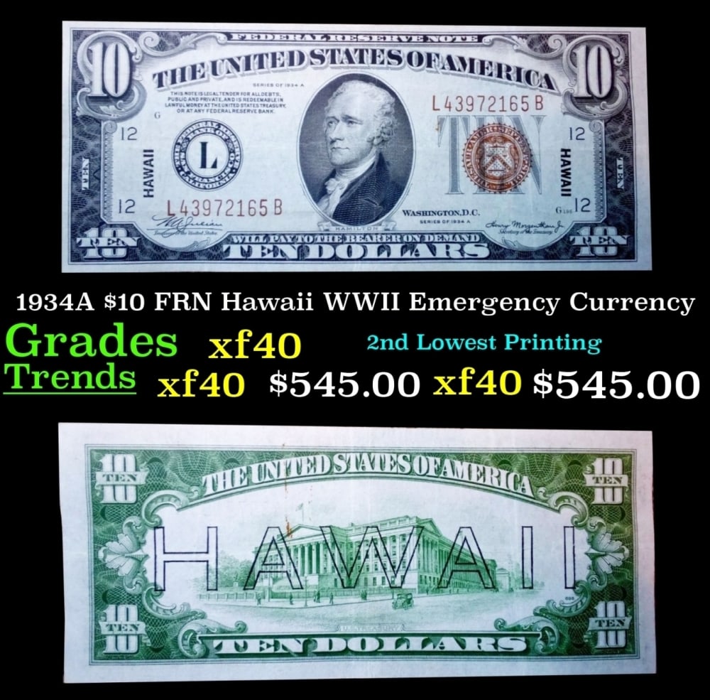 1934A $10 FRN Hawaii WWII Emergency Currency Grades xf: 1934A $10 FRN Hawaii WWII Emergency Currency Grades xf.