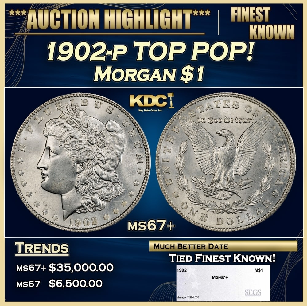 1902-p Morgan Dollar TOP POP! $1 ms67+ SEGS: 1902-p TOP POP! Morgan Dollar $1 ms67+ SEGS. 0