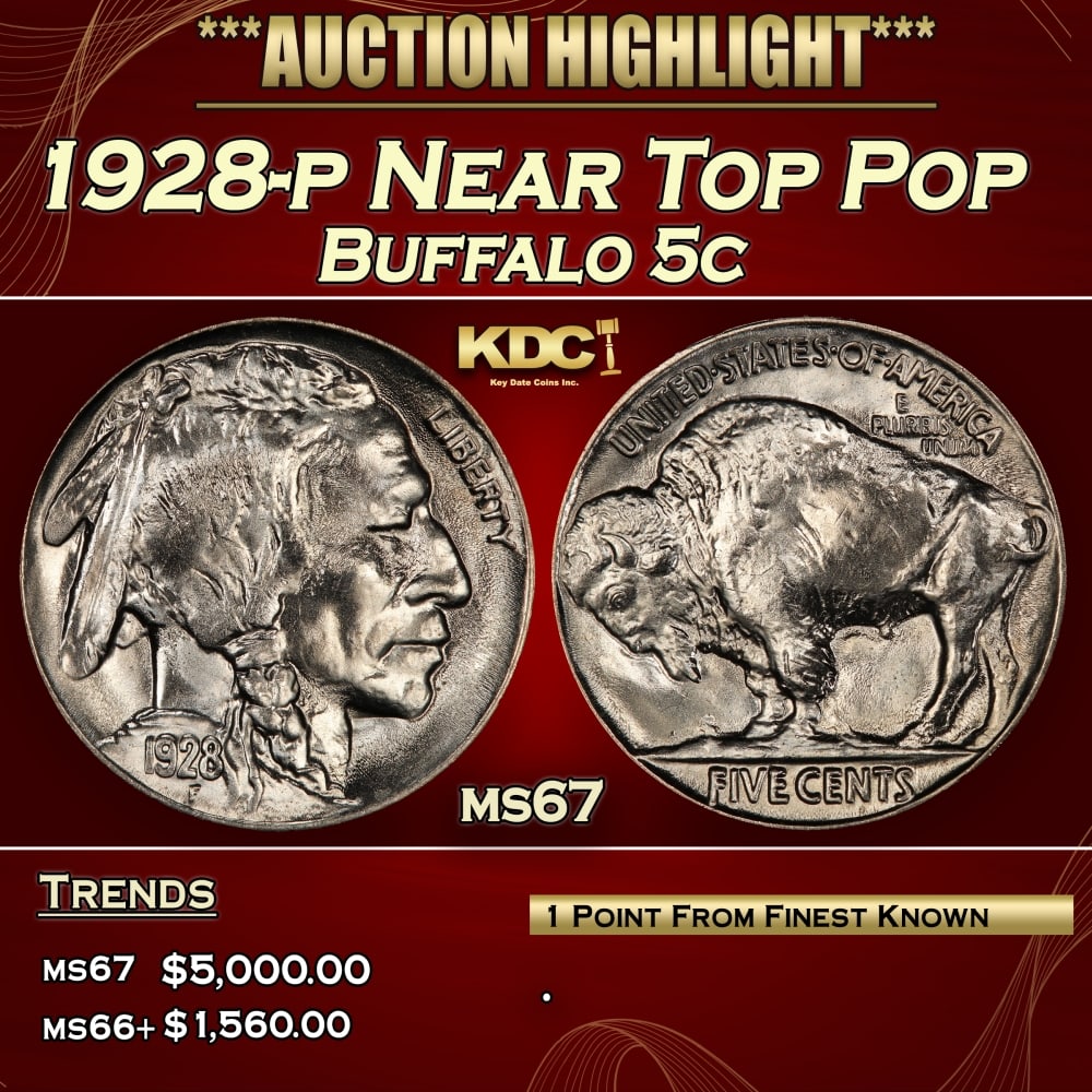 1928-p Buffalo Nickel Near Top Pop 5c ms67 SEGS: 1928-p Near Top Pop Buffalo Nickel 5c ms67 SEGS. 0