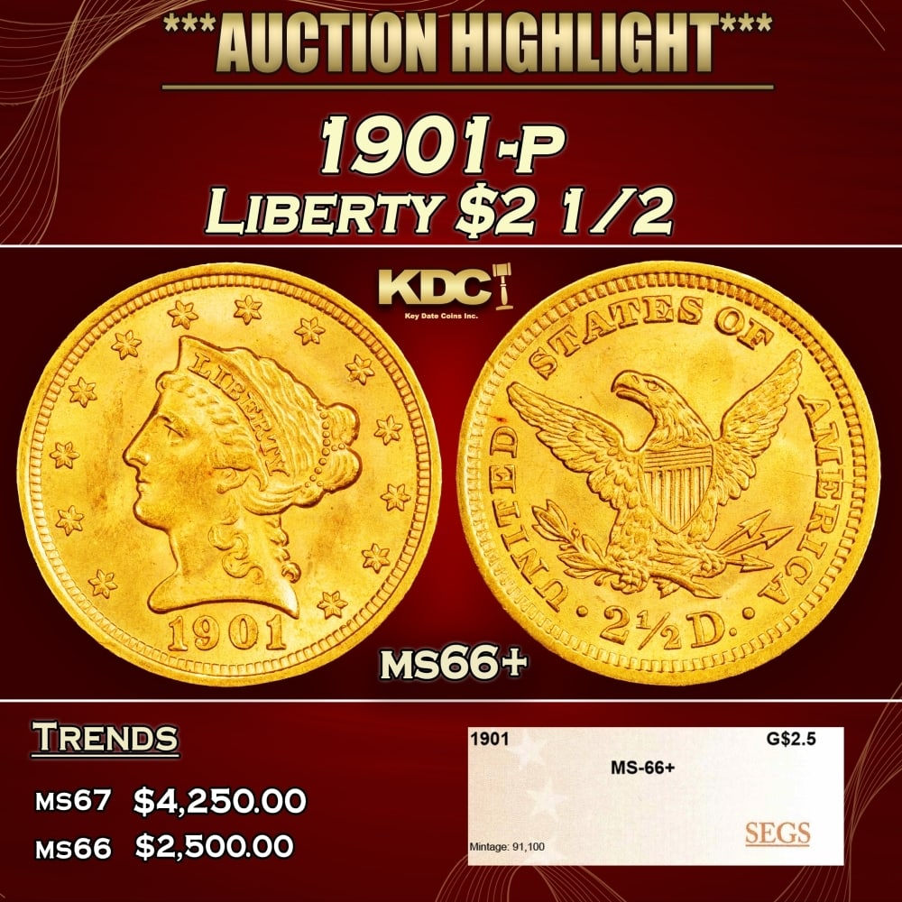 1901-p Gold Liberty Quarter Eagle $2 1/2 ms66+ SEGS: 1901-p Gold Liberty Quarter Eagle $2 1/2 ms66+ SEGS. 0