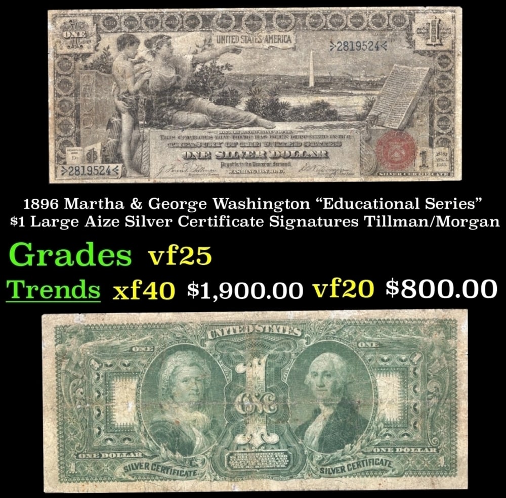 1896 Tillman/Morgan $1 large size Silver Certificate Grades vf+: 1896 Tillman/Morgan $1 large size Silver Certificate Grades vf+.