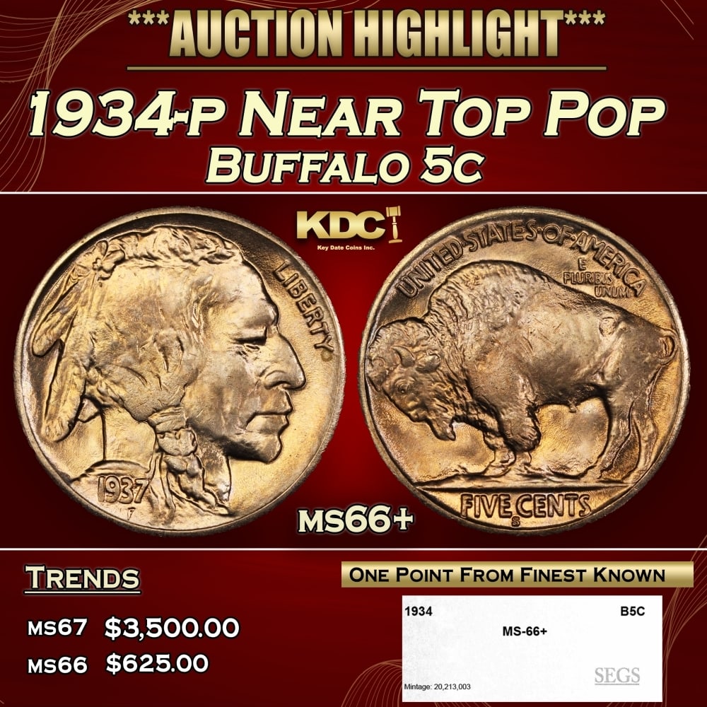 1934-p Buffalo Nickel Near Top Pop 5c ms66+ SEGS: 1934-p Near Top Pop Buffalo Nickel 5c ms66+ SEGS. 0