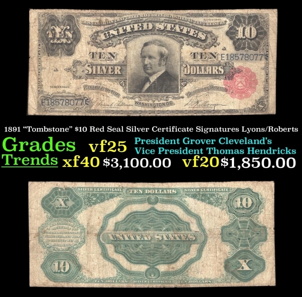 1891 Lyons/Roberts $10 Red Seal Silver Certificate Grades vf+: 1891 Lyons/Roberts $10 Red Seal Silver Certificate Grades vf+.