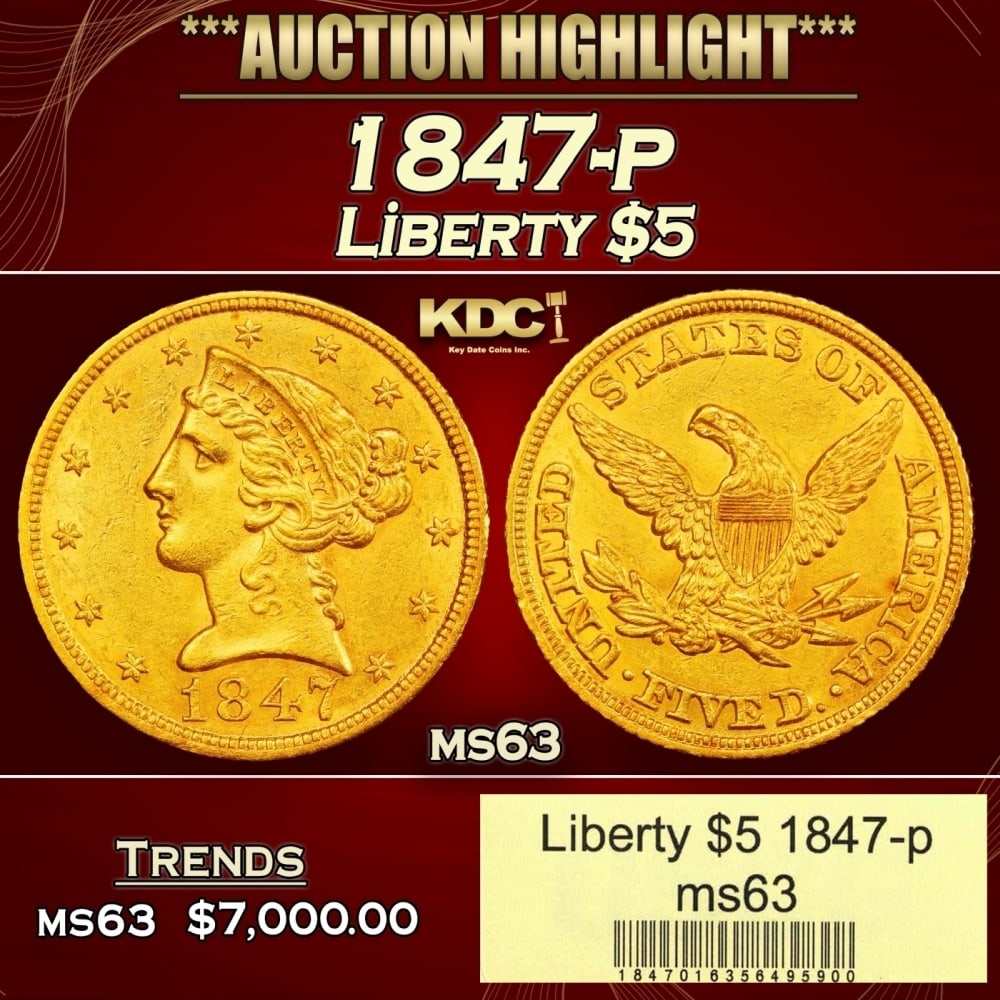1847-p Gold Liberty Half Eagle $5 ms63 USCG: 1847-p Gold Liberty Half Eagle $5 ms63 USCG.