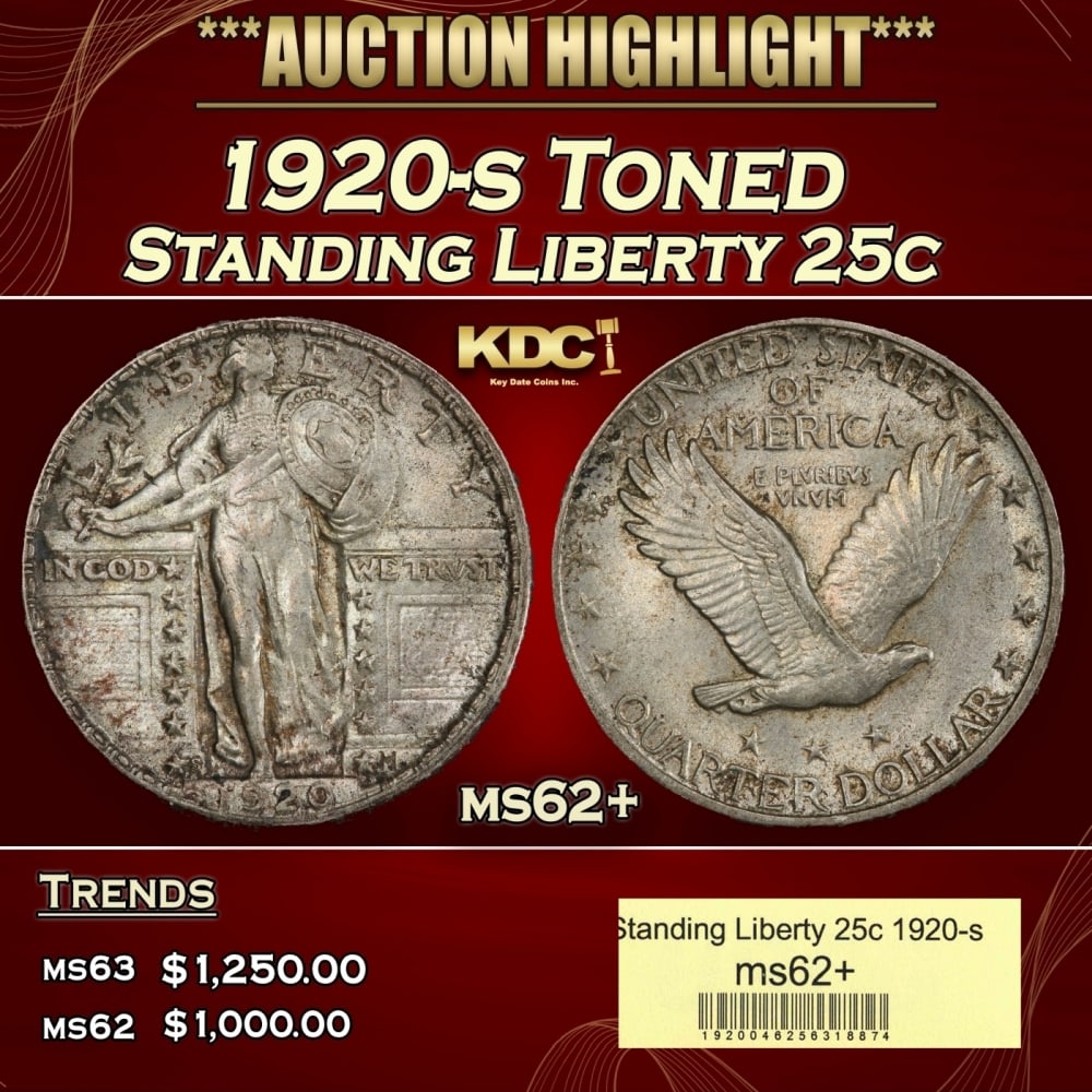 1920-s Standing Liberty Quarter Toned 25c ms62+ USCG (1 of 4)