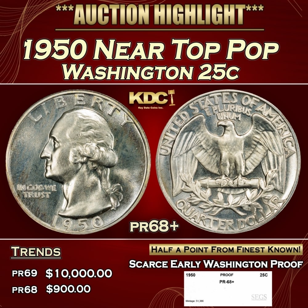 1950 Proof Washington Quarter Near Top Pop 25c pr68+ SEGS (1 of 4)
