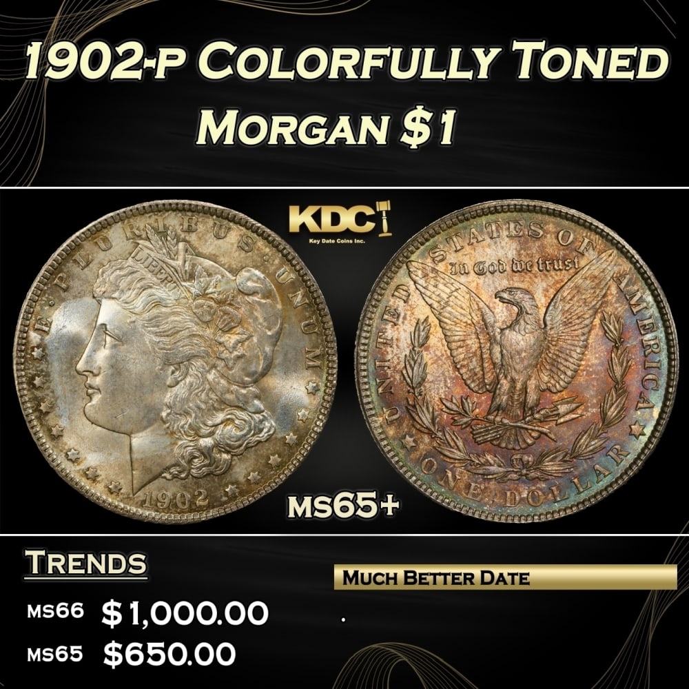 1902-p Morgan Dollar Colorfully Toned $1 ms65+ SEGS: 1902-p Colorfully Toned Morgan Dollar $1 ms65+ SEGS. 0