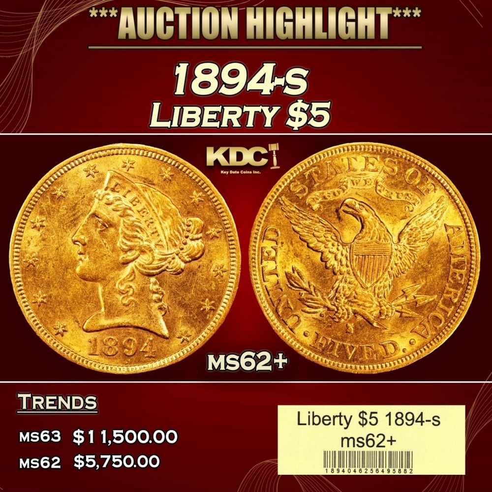 1894-s Gold Liberty Half Eagle $5 ms62+ USCG: 1894-s Gold Liberty Half Eagle $5 ms62+ USCG. 0