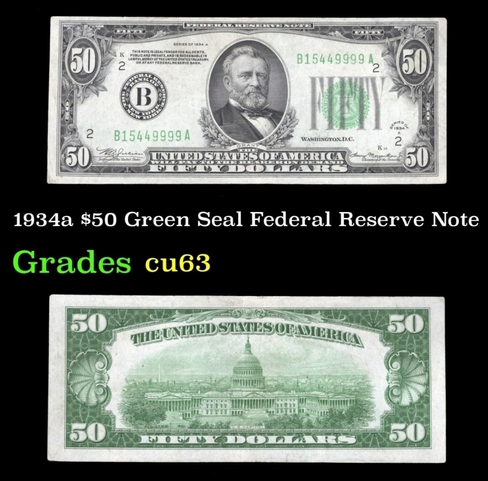 1934a $50 Green Seal Federal Reserve Note Grades Select CU (1 of 3)