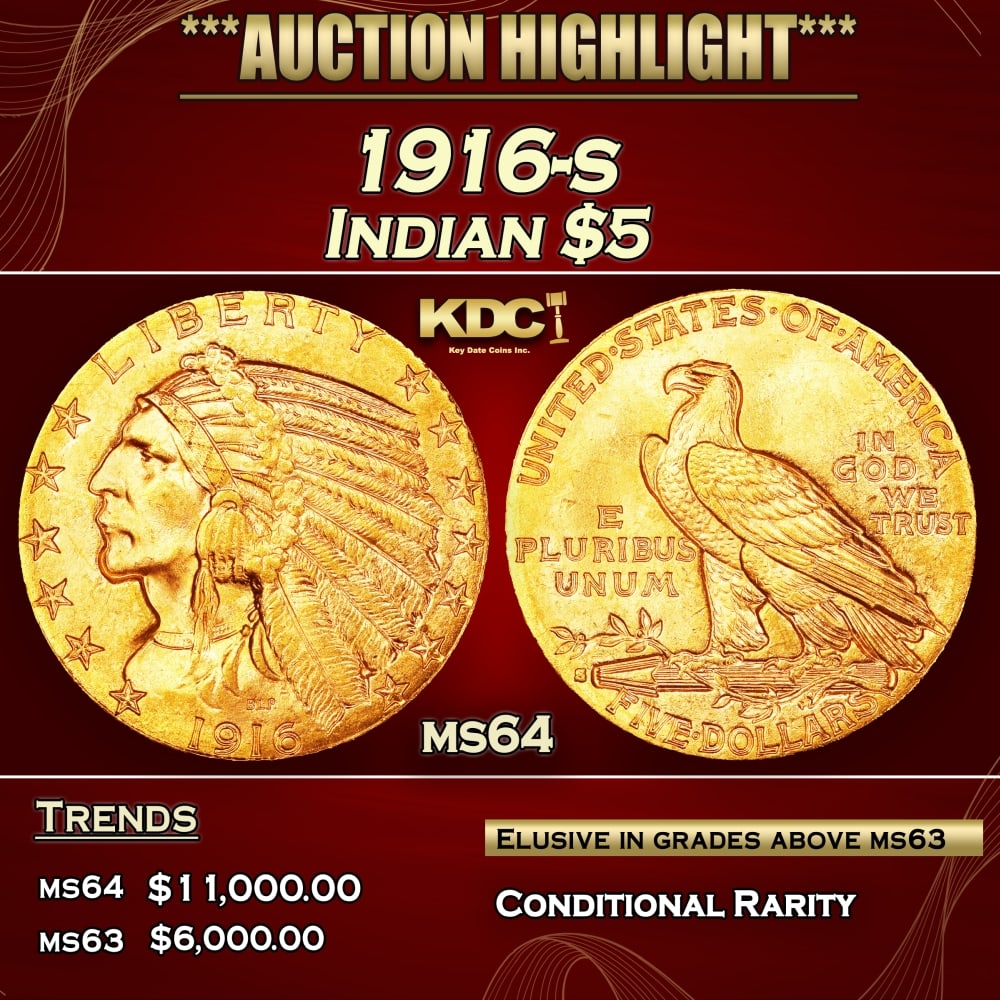 1916-s Gold Indian Half Eagle $5 ms64 USCG: 1916-s Gold Indian Half Eagle $5 ms64 USCG.