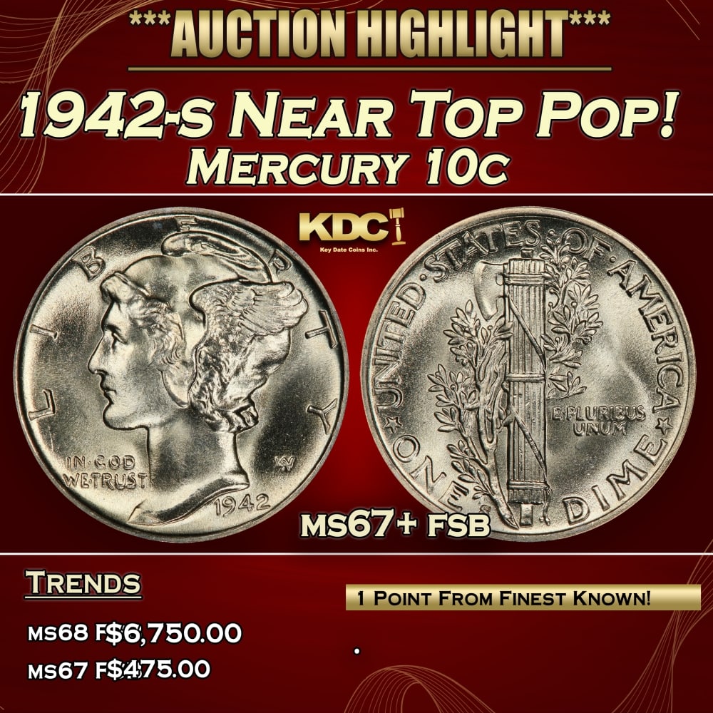 1942-s Mercury Dime Near Top Pop! 10c ms67+ fsb SEGS: 1942-s Near Top Pop! Mercury Dime 10c ms67+ fsb SEGS.