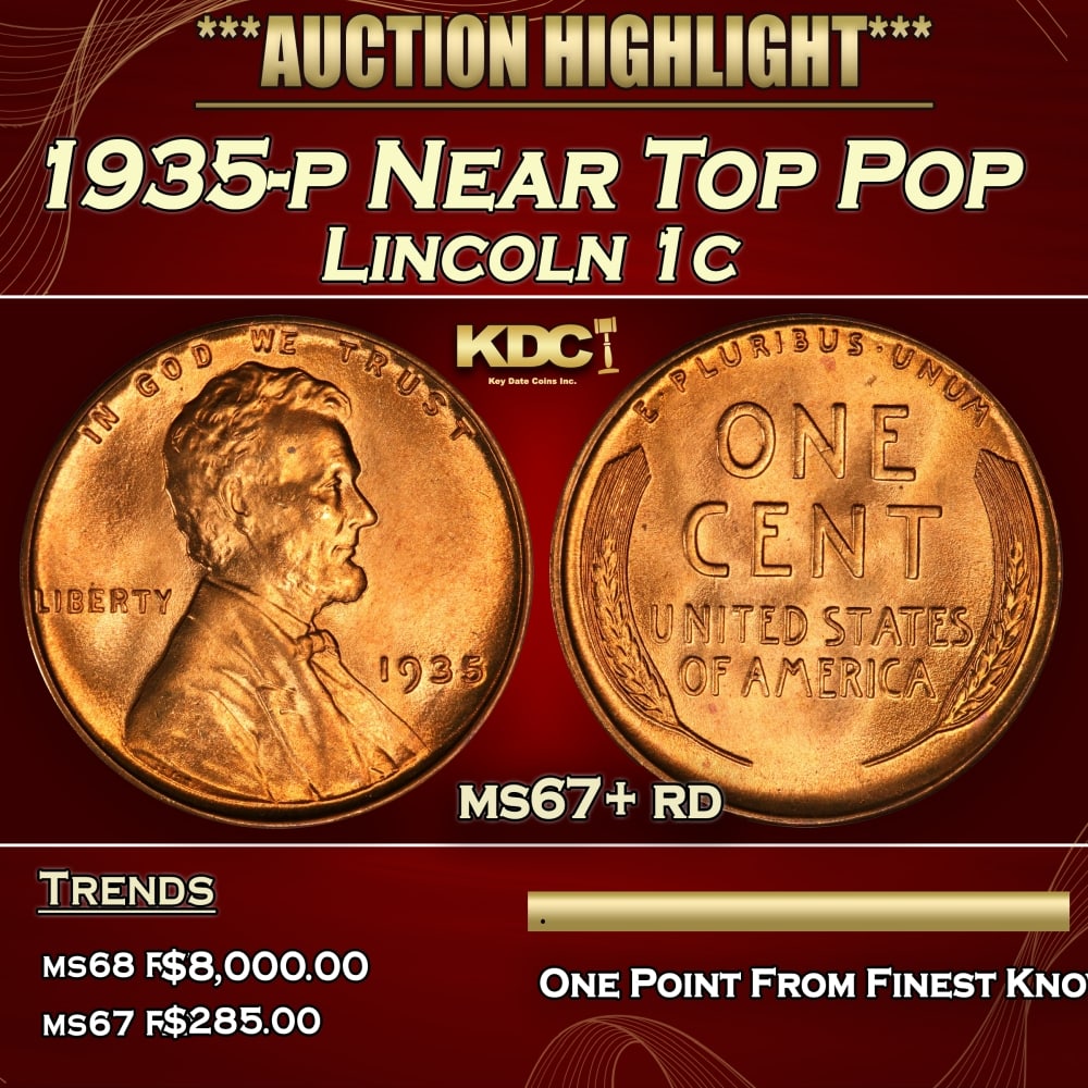 1935-p Lincoln Cent Near Top Pop 1c ms67+ rd SEGS: 1935-p Near Top Pop Lincoln Cent 1c ms67+ rd SEGS. 0