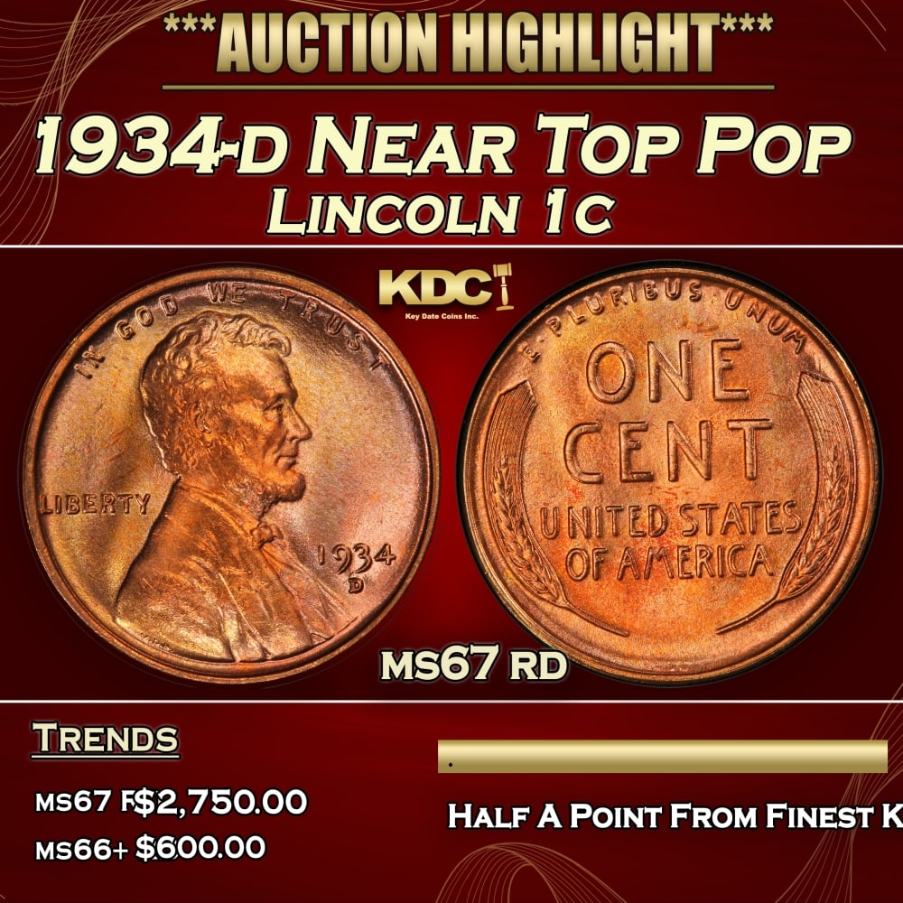 1934-d Lincoln Cent Near Top Pop 1c ms67 rd SEGS: 1934-d Near Top Pop Lincoln Cent 1c ms67 rd SEGS. 0