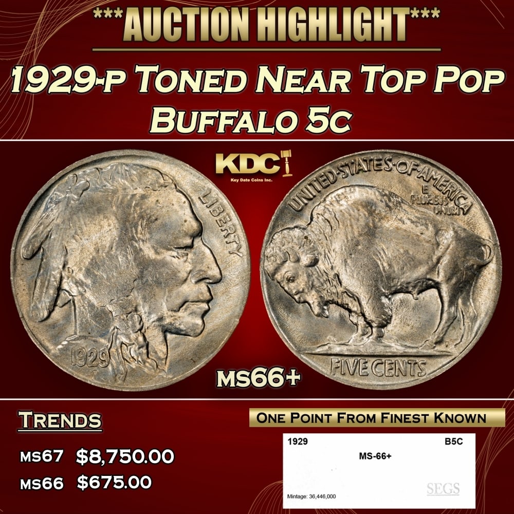1929-p Buffalo Nickel Toned Near Top Pop 5c ms66+ SEGS: 1929-p Toned Near Top Pop Buffalo Nickel 5c ms66+ SEGS. 0