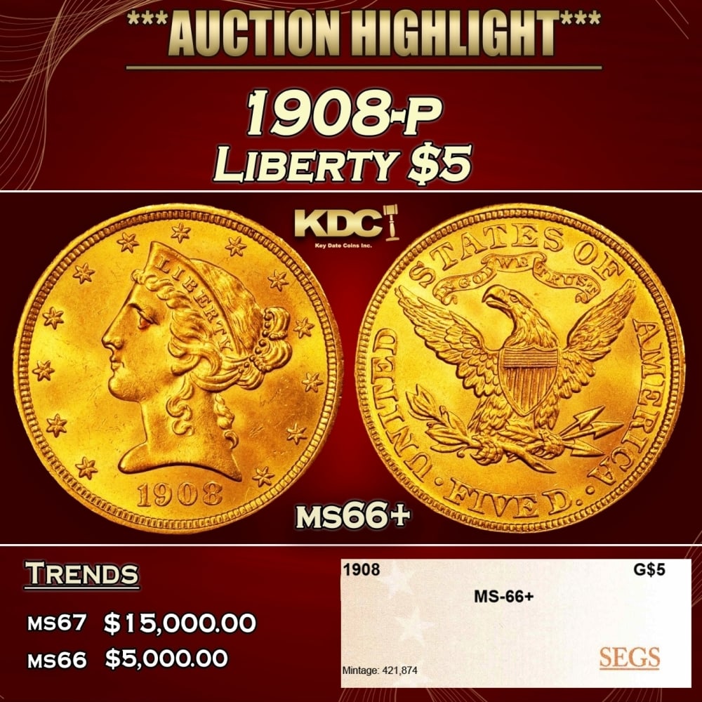 1908-p Gold Liberty Half Eagle $5 ms66+ SEGS: 1908-p Gold Liberty Half Eagle $5 ms66+ SEGS. 0