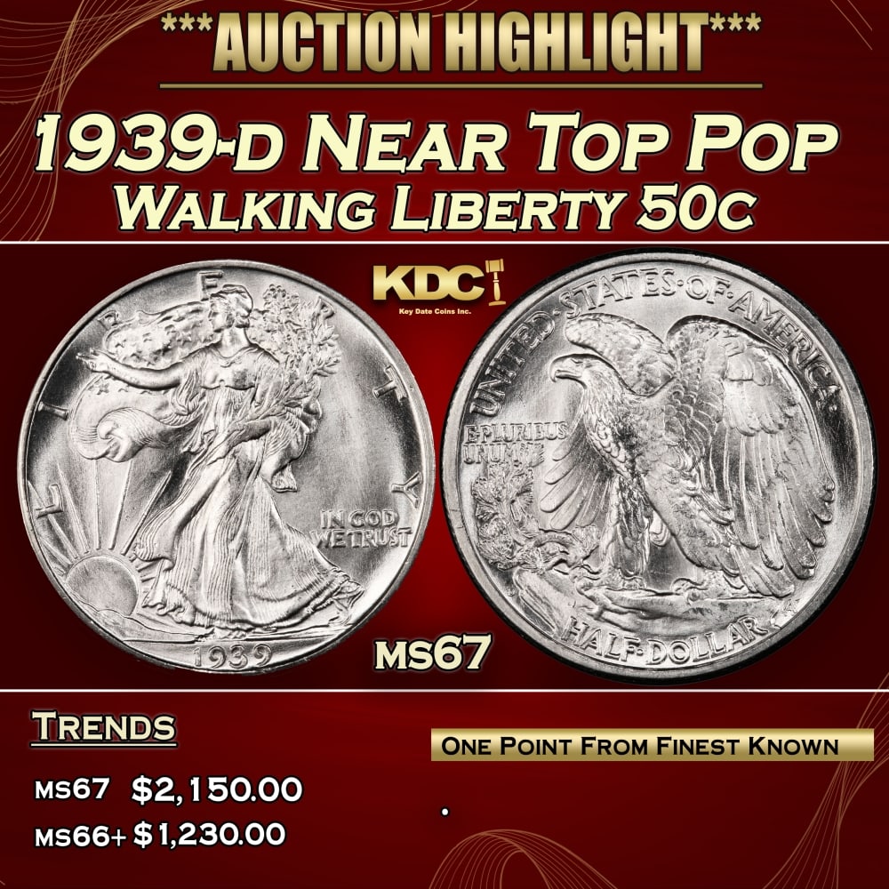1939-d Walking Liberty Half Dollar Near Top Pop 50c ms67 SEGS: 1939-d Near Top Pop Walking Liberty Half Dollar 50c ms67 SEGS. 0