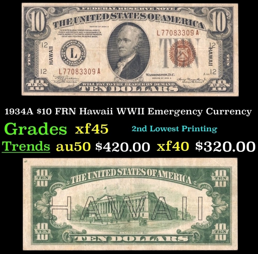 1934A $10 FRN Hawaii WWII Emergency Currency Grades xf+: 1934A $10 FRN Hawaii WWII Emergency Currency Grades xf+.