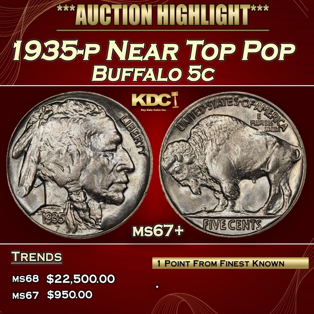 1935-p Buffalo Nickel Near Top Pop 5c ms67+ SEGS: 1935-p Near Top Pop Buffalo Nickel 5c ms67+ SEGS. 0