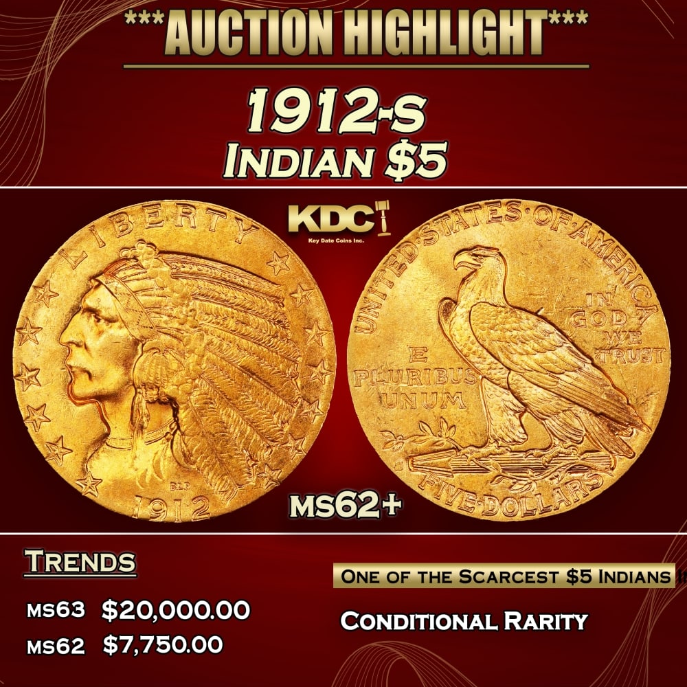1912-s Gold Indian Half Eagle $5 ms62+ USCG: 1912-s Gold Indian Half Eagle $5 ms62+ USCG. This is a boldly colored example displaying rose-honey surfaces. It is also sharply struck in most areas with pleasing satin luster. The S mintmark is typi